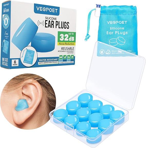 Ear Plugs for Sleeping  Vegpoet Reusable Moldable Silicone Earplugs Noise Cancelling Reduction for Concerts, Swimming, Shooting, Snoring, Airplane, Musicians, Motorcycle, 12 Pack
