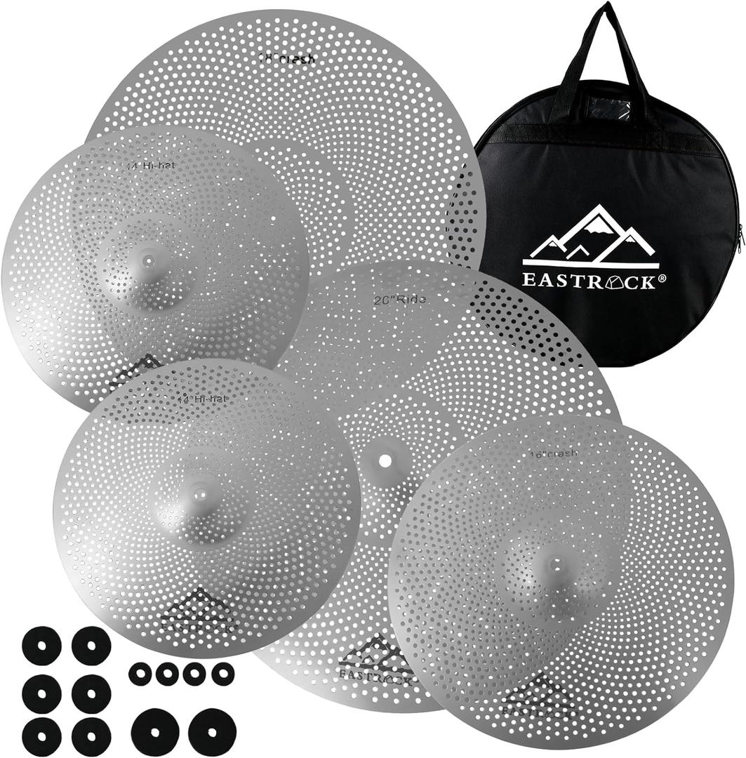 EASTROCK Low Volume Cymbal Pack - 5 Piece Set, 14" Hi-Hat + 16" & 18" Crashes + 20" Ride with Cymbal Bag and Felts (Silver)