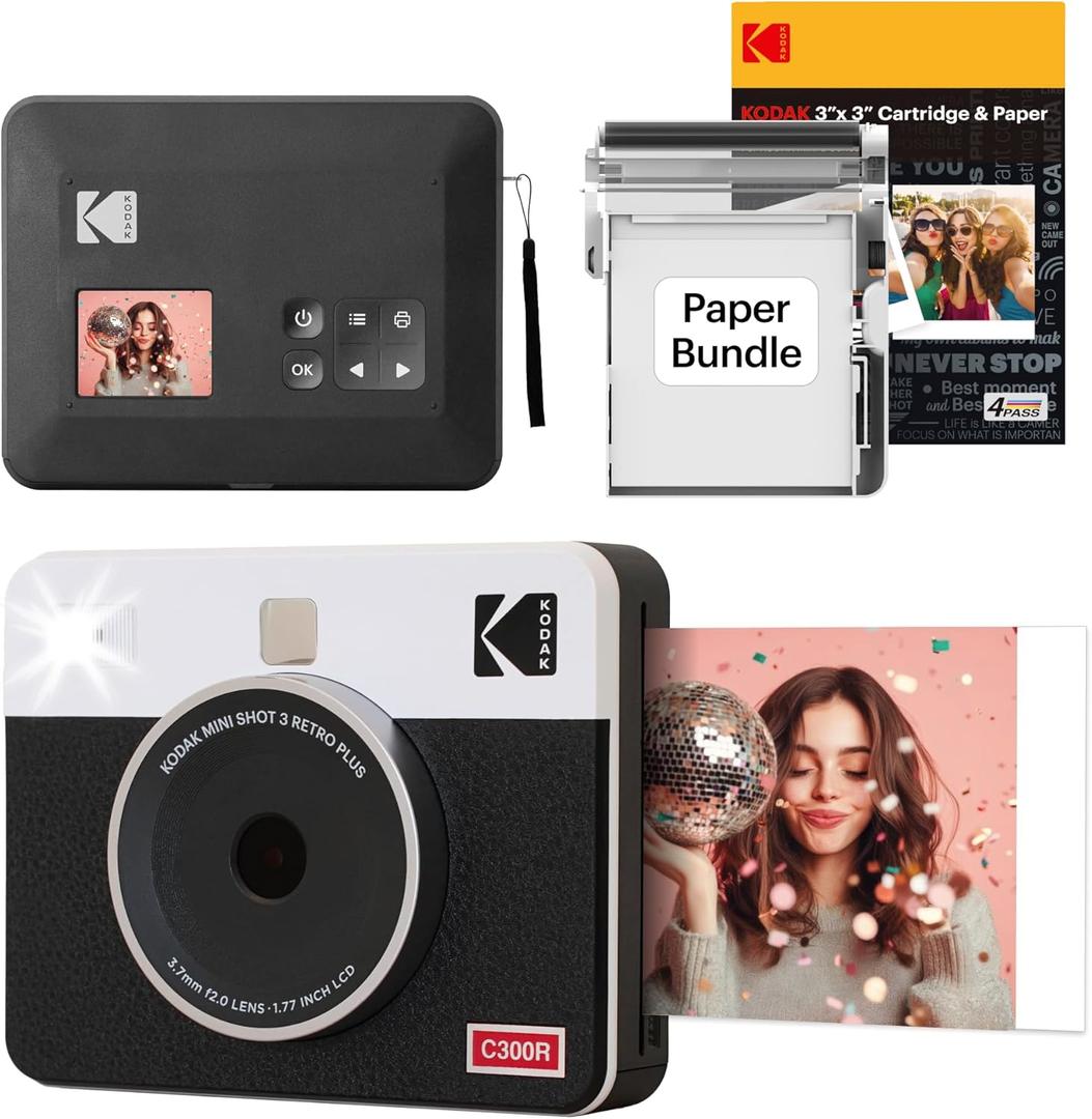 KODAK Mini Shot 3 Retro 3x3 Instant Digital Camera & Photo Printer, 38 Sheets, 2-in-1 Portable Print Camera, Bluetooth Smartphone Printer for iOS & Android, 4PASS Dye Sublimation, White