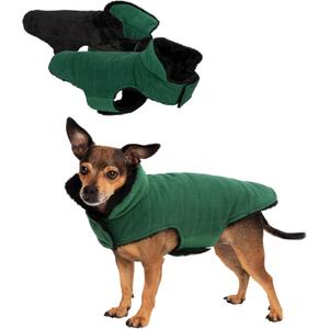 Furhaven Reversible XS Dog Coat, Washable & Insulating w/ Leash Access - Faux Fur & Quilted Fleece Flex-Fit Jacket - Black/Green, Extra Small