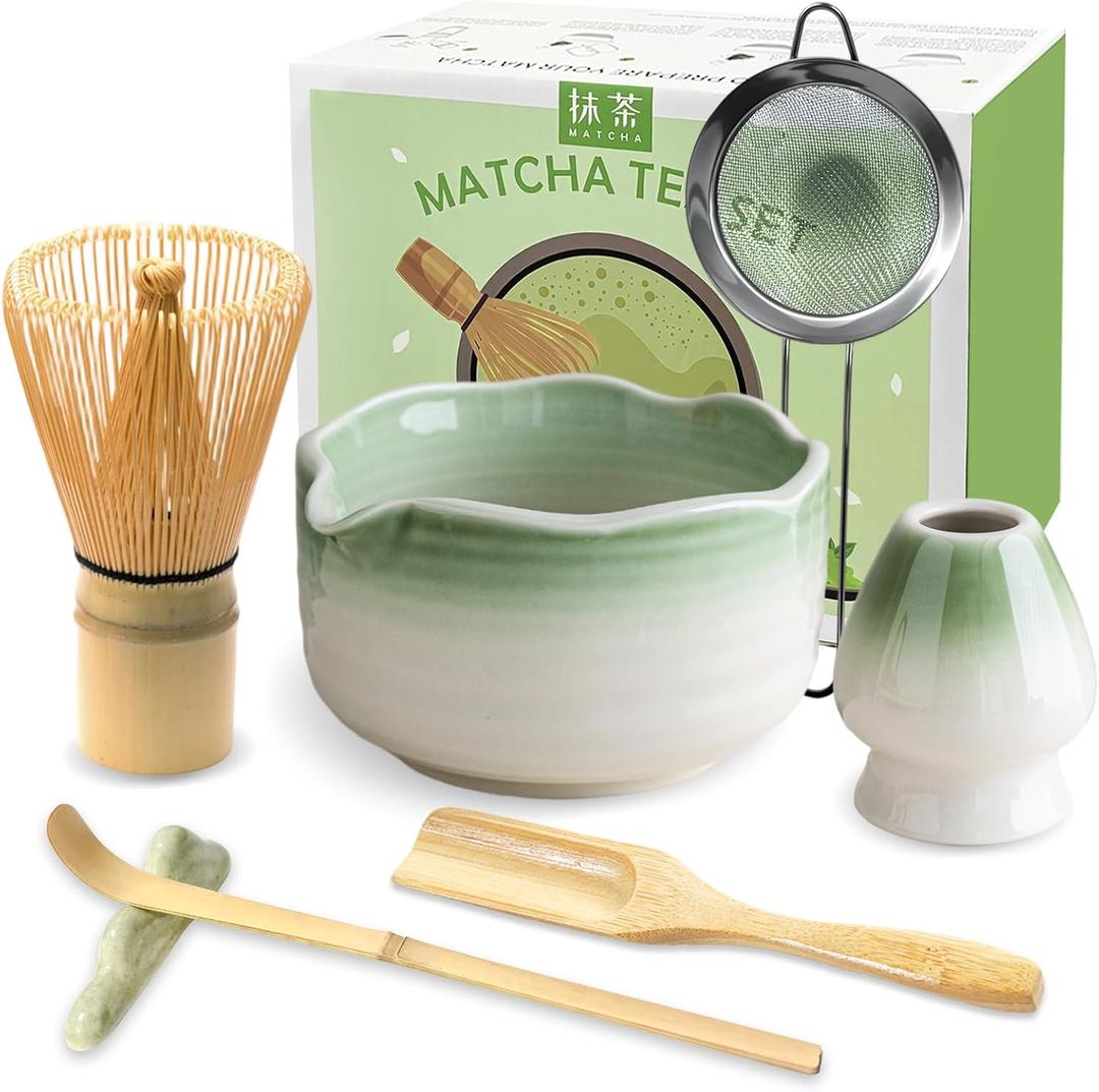 JBER Matcha Set, 7PCS Matcha Whisk Set with Bamboo Whisk for Matcha Making | Ceramic Matcha Kit Gift Includes Bowl, Matcha Whisk (Chasen), Sifter and All Matcha Making Accessories for Matcha Lover