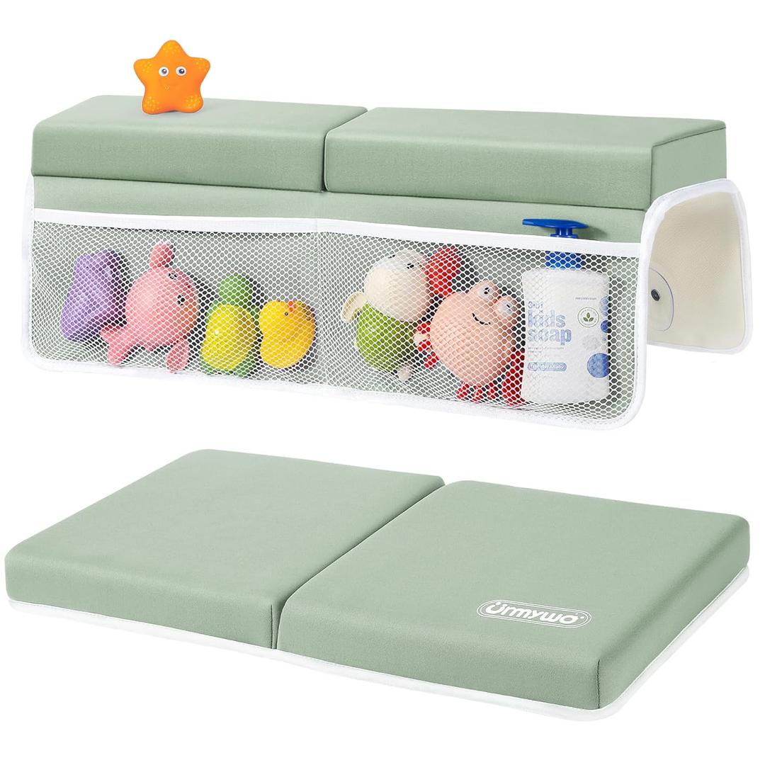 URMYWO Bath Kneeler and Elbow Rest Pad Set - 1.5" Thick Baby Bath Kneeler Pads with Toys Organizer, Anti-Slip Cozy Knee & Arm Support Bathtub Mat, Quick Dry Kneeling Pad for Baby Bath Time (Green)