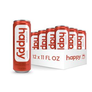 happy coffee canned caramel latte, 11 oz. cans, 12 pack, notes of marshmallow & comfort, 100% arabica beans, no artificial flavors or sweeteners