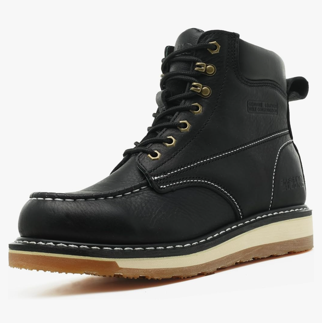 Moc Toe Work Boots for Men Waterproof Soft/Steel Toe Comfortable Full Grain Leather Non Slip Wedge Outsole Construction 6" Workboots USA 12