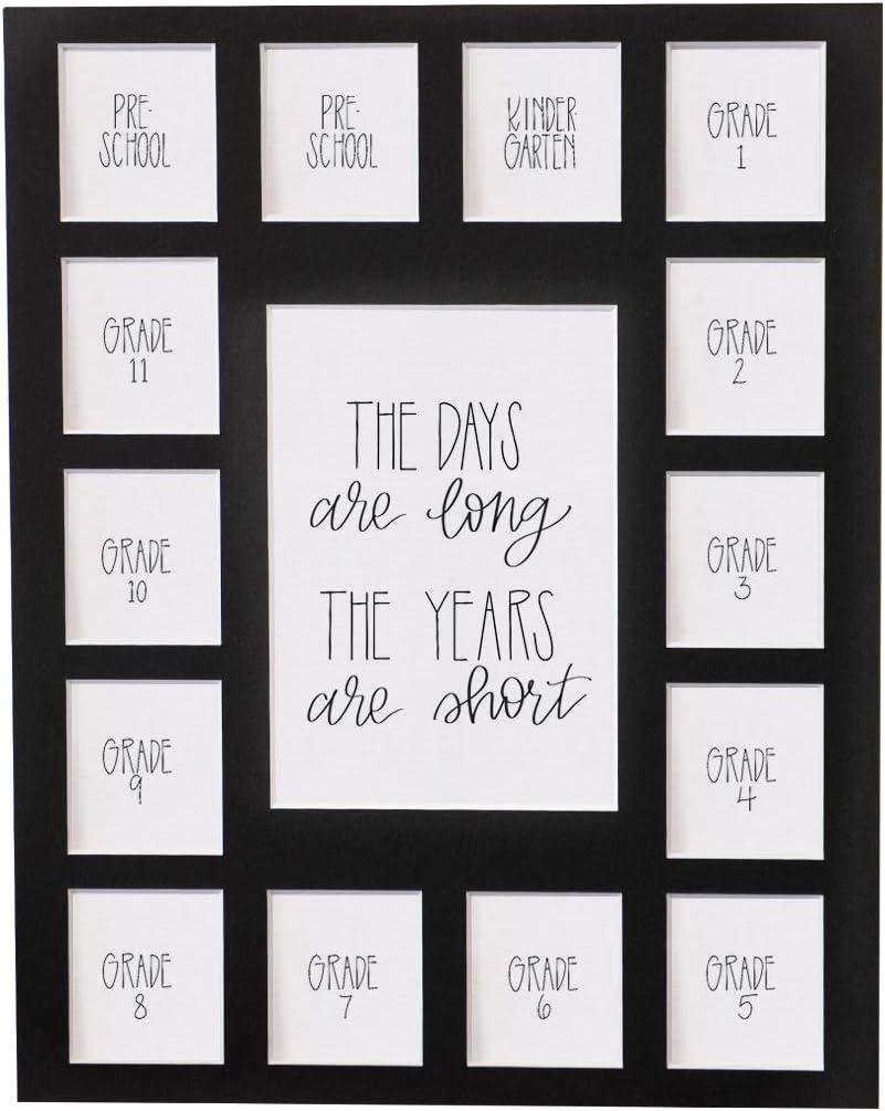 School Days Picture Mat with Multiple Openings - School Years Photo Collage - No Frame - 2 Pre-School & Kindergarten to (15 Photos, 2PreK - 12th, Black Mat) (15 Photos, 2 Pre School - 12th, Black Mat - NO FRAME)