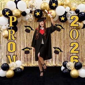 Prom 2026 Party Decorations Set Black and Gold Graduation Party Supplies Prom 2026 Backdrop Signs Balloon Tinsel Foil Fringe Curtains Carpet for Graduation Decoration