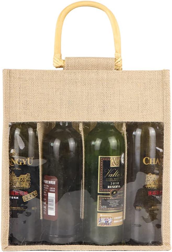 Vpang Eco-Friendly Burlap Jute Wine Bottle Tote with Cane Handle - Gift Packaging and Gift Bag for Four Bottles