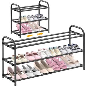 Hleelomi 3-Tier Expandable Shoe Rack,Adjustable Shoe Shelf Storage Organizer Heavy Duty Metal Free Standing Shoe Rack for Entryway, Closet,Living Room,Dorm,Black