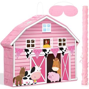 Faccito Pink Farm Piata Bundle Fiesta Piata Set Includes Bat Stick, Barnyard Piata and Blindfold Mask for Farmhouse Country Kids Cinco De Mayo Birthday Party Mexican Piata Game Supplies Decoration