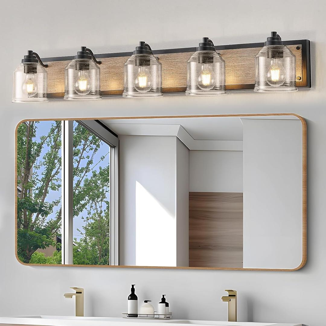 40 inches Large Farmhouse Vanity Light for Bathroom, Farmhouse Bathroom Vanity Light with Bubble Glass Shades, 5-Light Rustic Over Mirror E26 Base