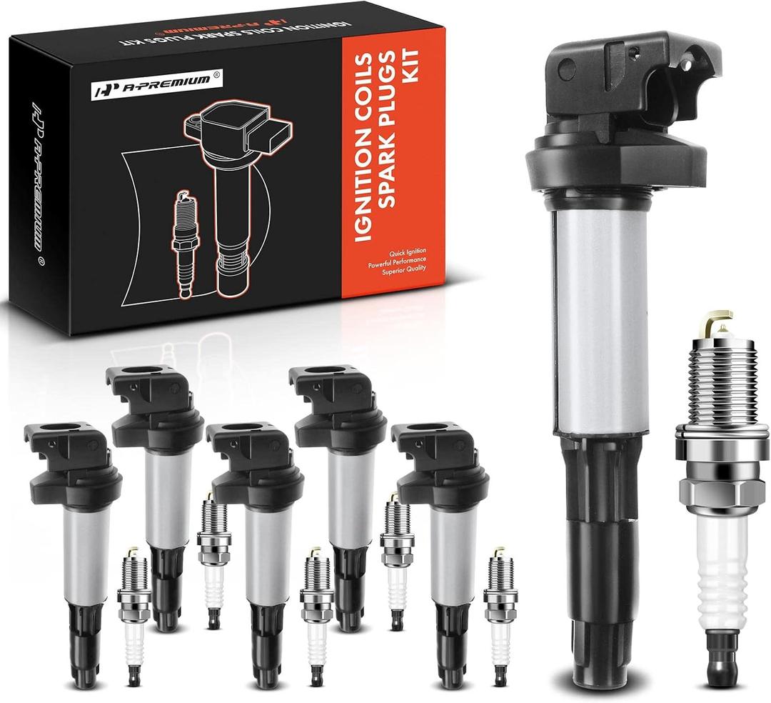 A-Premium Set of 6 Ignition Coil Pack and Iridium Spark Plugs Compatible with BMW 320i 325i 330i, 525i 530i, 760i 760Li, M3 X3 Z3 Z4, 3.0L, 3.2L