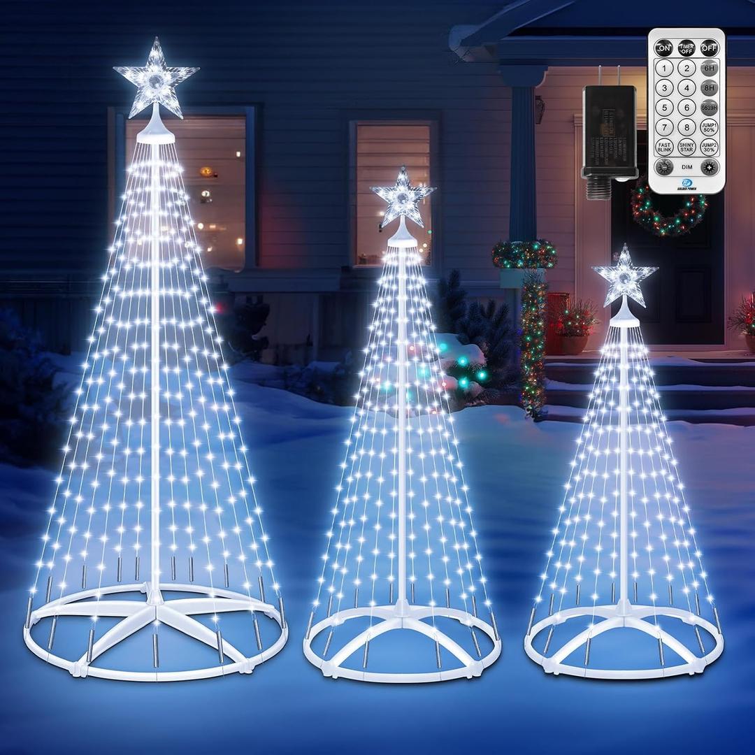 3 Pack Christmas Cone Tree Lights, 4' 5' 6' Christmas Tree Light Show Dimmable with 12 Modes Remote Control, Artificial Tree Lights with Topper Star for Xmas Indoor Outdoor Yard Decor, Pure White