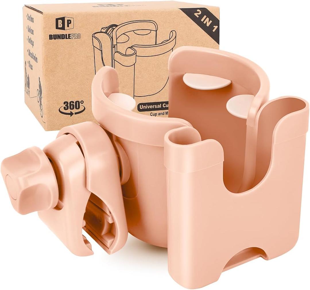 Universal Stroller Cup Holder with Mobile Phone Case, 2-in-1 Strollers Storage Rack, 360 Degrees Rotation Drink Holder for Bike, Pushchair, Wheelchair, Walker, Bicycle, Fits Most Cups (Pink)