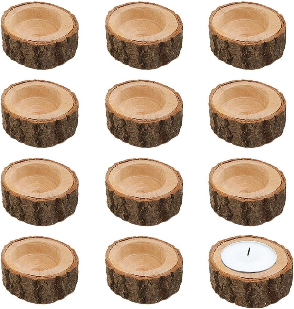 12Pack Wooden Tealight Candle Holder Wood Votive Log Candle Holders Wooden Votive Tea Light Candles Holder for Dining Table(Color:Wood)