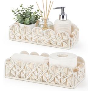 Mkono Macrame Storage Basket, Scalloped Edge Toilet Paper Basket Boho Woven Decor, Small Countertop Organizer with Handles for Shelf, Living Room, Bedroom, Home, Office, 2 Pack, Ivory