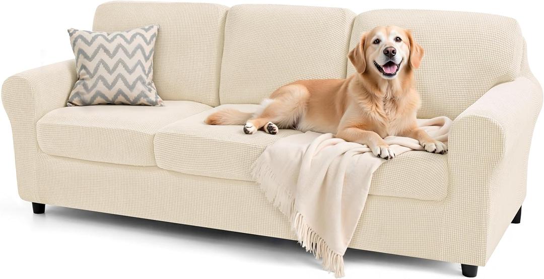 subrtex Slipcover Sets for Sofa, 7 Pieces Stretch Furniture Cover, Wear Resistant, Washable, Checkered Pattern, Ivory (Large)