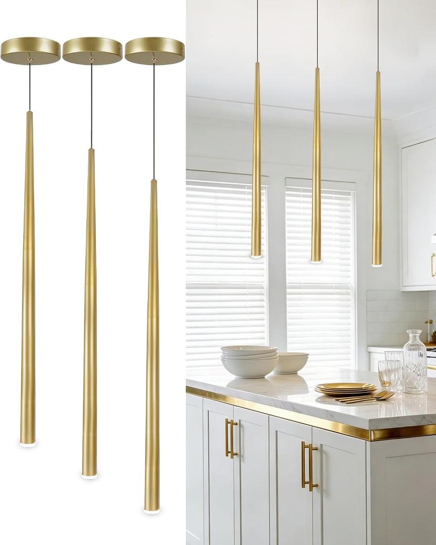 3 Pack Modern Brass Gold Pendant Lights, 27.5" Contemporary Tube Tapered Cylinder Hanging Light Fixture with Dimmable 4000K LED for Kitchen Island, Dining Room, Bar, Bathroom