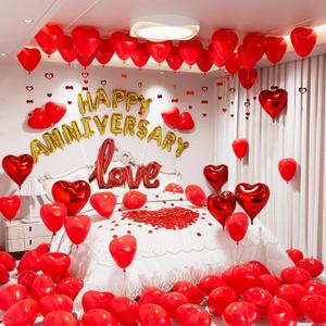Anniversary Balloons Decorations,Happy Anniversary Banner,Red Heart Shaped Balloons,Large Love Balloon,Rose Petals,Latex Balloon for Romantic Nigh Valentines Day Party Supplies