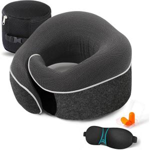 Travel Neck Pillow Chin Support Pillow Adjustable 100% Pure Memory Foam , New Ergonomic Design Soft Best Full Neck Surround Pillow Sleep for Home, Airplanes & Car (Black)