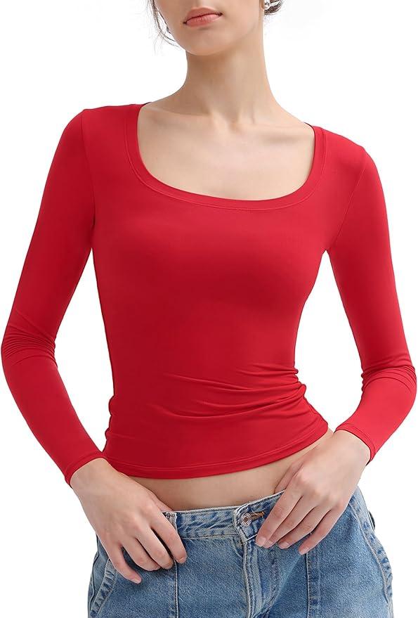 PUMIEY Women's Long Sleeve T Shirts Scoop Neck Slim Fit Going Out Tops Double Lined Basic Tee Smoke Cloud Collection ,Size M