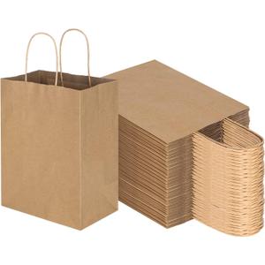 Toovip 100 Pack 8x4.75x10 Inch Medium Plain Brown Kraft Paper Bags with Handles Bulk, Gift Wrap Bags for Favors Grocery Retail Party Birthday Shopping Business Goody Craft Merchandise Take Out Sacks