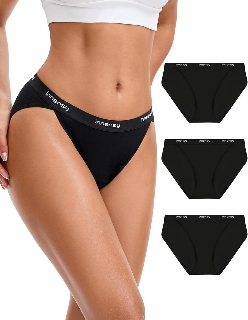 INNERSY Women's Bikini Period Underwear Cotton Menstrual Leakproof Panties 3-Pack (Medium, Pure Black)