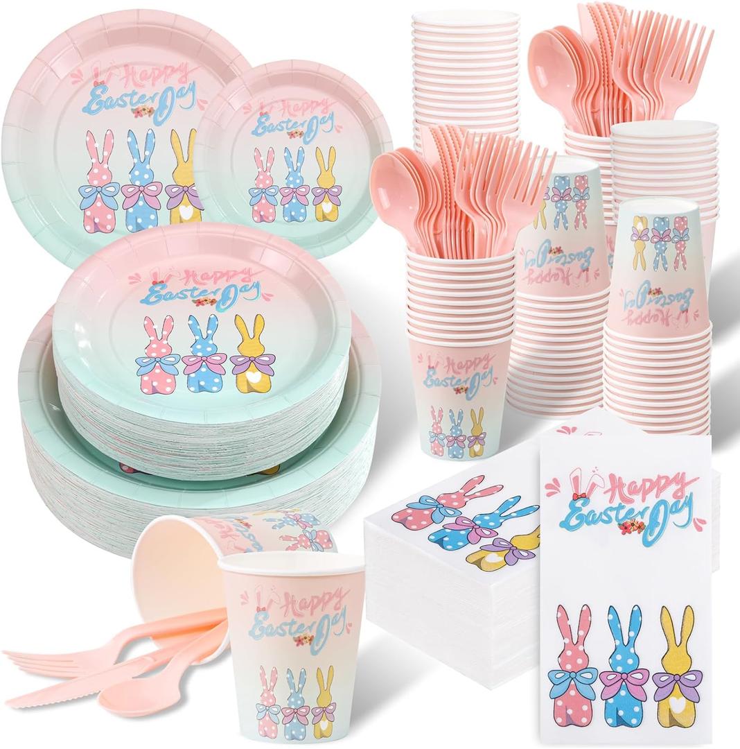 EI 210pcs Easter Paper Plates and Napkins Easter Spring Bunny Plates Disposable Heavy Duty Paper Plate Pink Kinves Spoons Forks Cups for Birthday Spring Tea Party