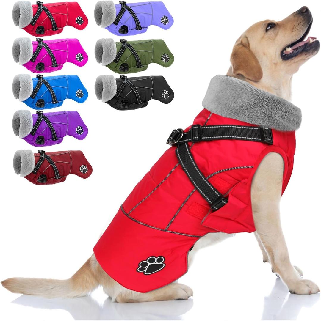 Doglay Dog Jacket Waterproof Dog Coat with Harness Built in, Christmas Puppy Winter Coat Reflective Turtleneck Puffer Snow Jackets for Small Medium Large Dogs (Red)