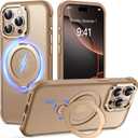 Reukdnv Magnetic for iPhone 15 Pro Case, Military Drop Protection, Compatible with MagSafe, Slim Translucent Matte Shockproof Protective Phone Case with 360 Spin Stand 6.1", Desert Gold