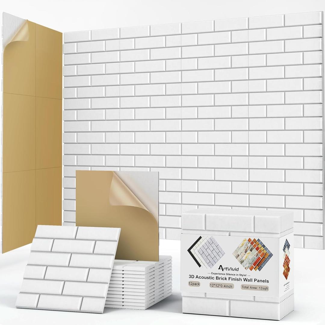 12Pack Acoustic Wall Panels, Self-Adhesive 3D Brick Pattern Sound Proof Panels for Walls, High Density Decorative Acoustic Foam Sound Proofing for Recording Studios, Office, Home, 12"12"0.4", White