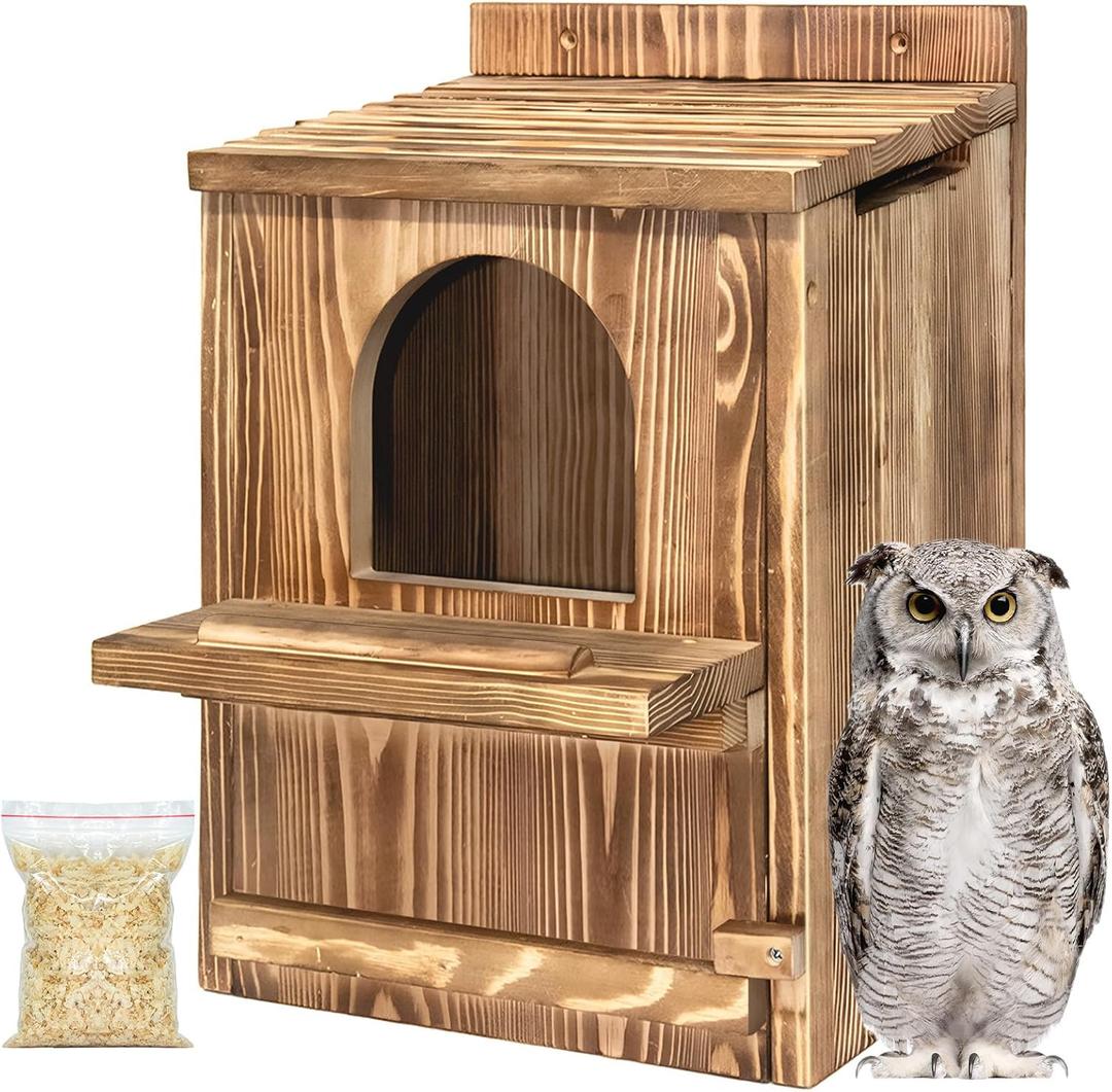 Large Owl House with Wood Shavings- Durable Carbonized Pine Wood Owl Box for Outdoors, Barred and Screech Bird Nesting Box, Easy Clean & Ventilated Design, Ideal for Barn Bird Roosting