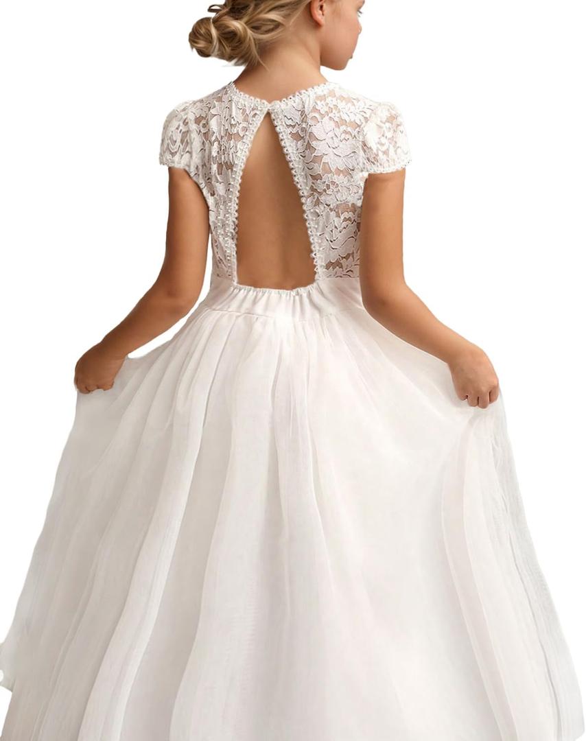 BIBIHOU Girls' Dresses Backless Flower Girls Wedding Bridesmaid Formal Beach Long Dress Flower Girl Dresses White, 8 Years
