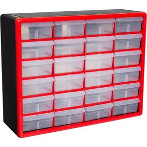 Akro-Mils 24-Drawer Plastic Drawer Storage Cabinet for Garage Organization, Bead Organizer, Building Bricks Storage, Teacher Toolbox, Makeup Organizer, 20" W x 6" D x 16" H, 10124 Red