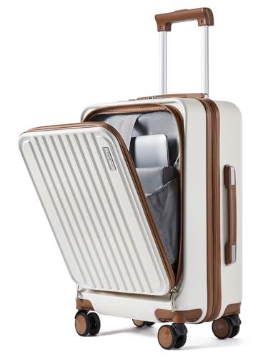 FIGESTIN Carry on Luggage 22x14x9 Airline Approved, 20 Inch Carry on Luggage with Front Compartment, Travel Carry on Suitcase Lightweight with Wheels Beige with Brown (TSA Approved)