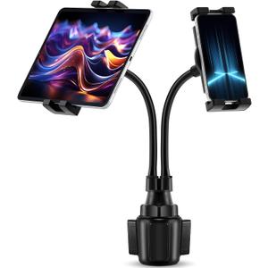 Dual Cup Tablet Mount Holder for Car 360 Rotatable Mount Long Flexible Neck Adjustable Universal Size Fits for Most 2 Tablets 4.7"-10"