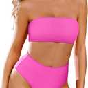 Pink Queen Women's 2 Piece Bathing Suit Off Shouler Bandeau Bikini Swimsuit Top High Cut Thong Swimwear Pink S