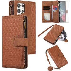 Asuwish Phone Case for Samsung Galaxy S23 Ultra 5G Wallet Cover with Tempered Glass Screen Protector and Wrist Strap Flip Zipper Credit Card Holder Cell S23Ultra 23S S 23 23Ultra 6.8 inch Women Brown