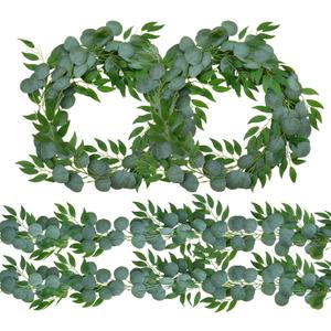4 Pack Artificial Eucalyptus Garland with Willow Leaves Each 6.5 Feet Fake Greenery Garland Vine for Table Runner Centerpiece Stairs DIY Garlands Decor