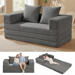 Convertible Sofa Bed, 4-in-1 Boneless Loveseat with Removable Armrests Backrest, Corduroy Futon Couch Bed with Pillow, Foldable Mattress Sleeper Sofa for Living Room Bedroom Small Place (Grey)