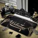 Dunzy 2 Pcs Halloween Doormat Outdoor Spooky Skull Welcome Mat 17"x30" & Black White Plaid Entrance Rug 28"x43" for Front Door Porch Non Slip Floor Mat Layered for Indoor Outside Entryway Decor