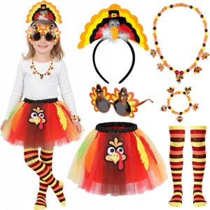 6pcs Turkey Costume Women Girls, Turkey Trot Gear with Turkey Tutu Glasses Socks, Thanksgiving Headbands Necklace (Kids)