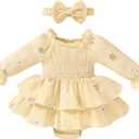 Happy Town Baby Girl Romper Cute Infant Girls Cotton Clothes Long Sleeve Dress with Headband Fall Winter Outfits (Yellow)