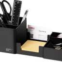 deli Desk Organizer, Plastic Desktop Organizer with Pencil Holder and Sticky Note Tray, Office Stationery Supplies Organizers Accessories Caddy, 6 Compartments, Black