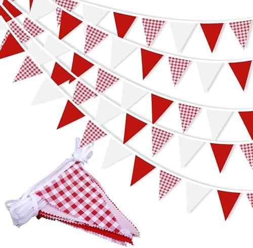 33 ft Red Plaid Checkered White Pennant Banner,Flag Triangle Bunting Garland Decor,Hanging Triangle Banner,for Betrothal Day, Wedding,Birthday,Baby Shower,Graduation,Christmas(White Red Plaid Banner)