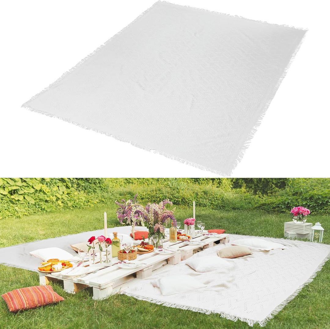 91 x 71 Extra Large Outdoor Picnic Blanket Woven Cotton Yarn Oversize Beach Blanket with Fringe Bohemia Machine Washable Sandproof Portable for Spring Summer Camping Beach(White)