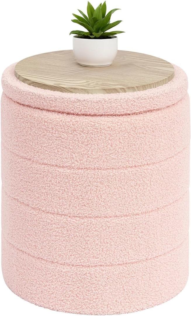 B FSOBEIIALEO Ottoman with Stroage, Round Sherpa Storage Ottoman Stool, Boucle Foot Rest 14.6"x14.6"x17.7"（Pink