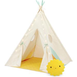 Happy Hideaway Play Tent- Furniture for Toddlers- Play Tent- String Lights & Sun Pillow – Cotton Canvas Tent for Reading, Games- 3 years +   
