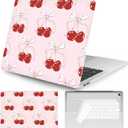 Seorsok Compatible with MacBook Air 13 Inch Case 2022 2021 2020-2018 Release A1932 A2179 M1 A2337 Touch ID,Cute Ribbon Bow Tie & Red Cherry Aesthetic Plastic Hard Case&Transparent Keyboard Cover,Pink