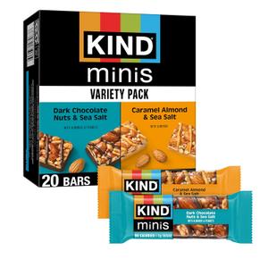 KIND Mini Snack Bars Variety Pack, Gluten Free, Low Sugar, Low Calorie Snacks, Dark Chocolate Nuts & Sea Salt, Caramel Almond & Sea Salt, 20 Count (EXP 08/04/27)