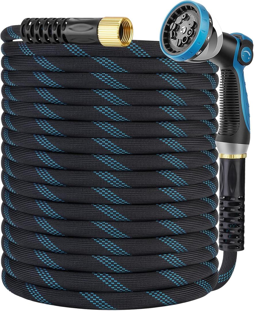100FT Garden Hose, Non-Expandable Flexible Water Hose with 10-Pattern Spray Nozzle, Lightweight Hose Pipe, Kink-Resistant, Leak-Proof, Extended Protector & 3/4" Solid Brass Alloy, Super Fabric